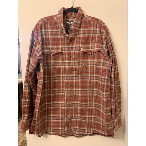 Ariat Mens Rebar DuraStretch Red Brown Flannel Button Down Shirt XL - Picture 1 of 6
